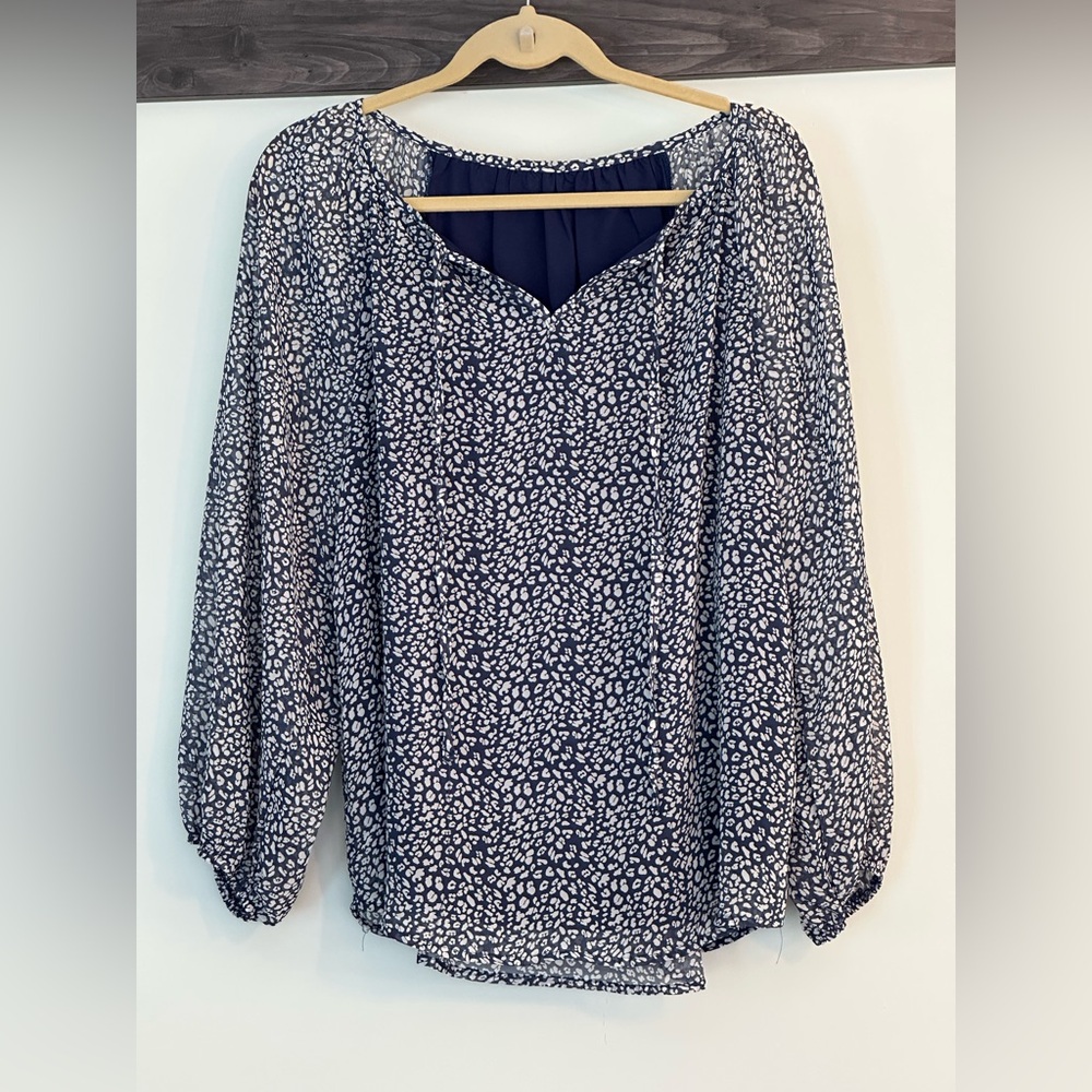 Cotton boho style blouse, navy & white, sheer top with liner for torso, tie neck